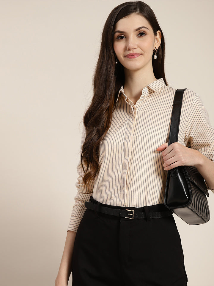 Women Beige Striped Pure Cotton Regular Fit Formal Shirt