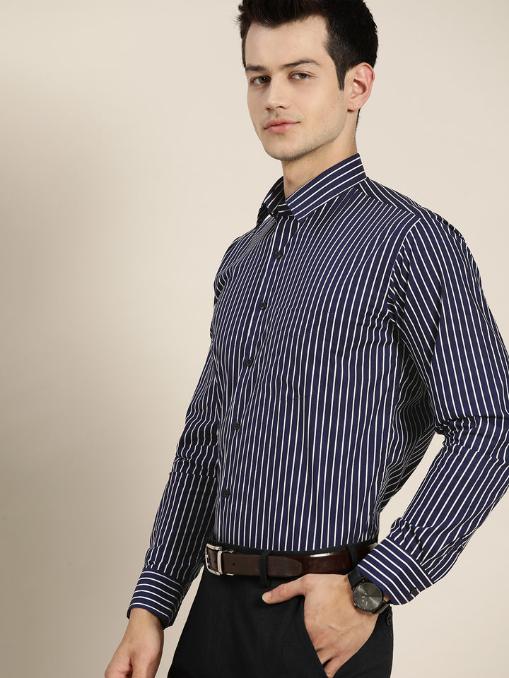 Men Navy Stripes Pure Cotton Slim Fit Formal Shirt