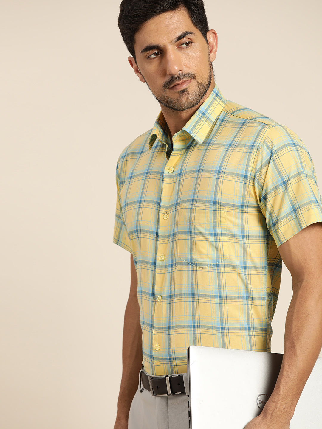 Men Yellow & Blue Checked Pure Cotton Slim Fit Formal Shirt