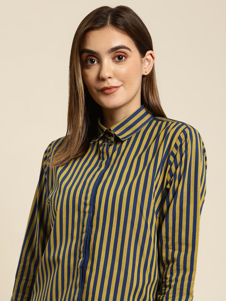 Women Navy & Yellow Striped Pure Cotton Regular Fit Formal Shirt