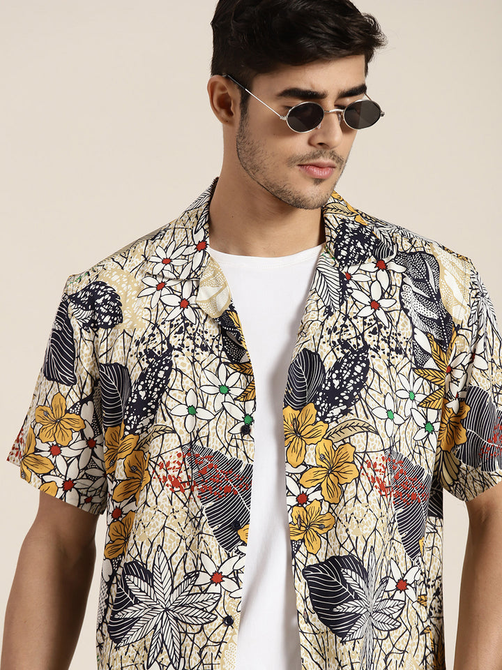 Men Mustard & Navy Printed Viscose Rayon Relaxed Fit Casual Resort Shirt