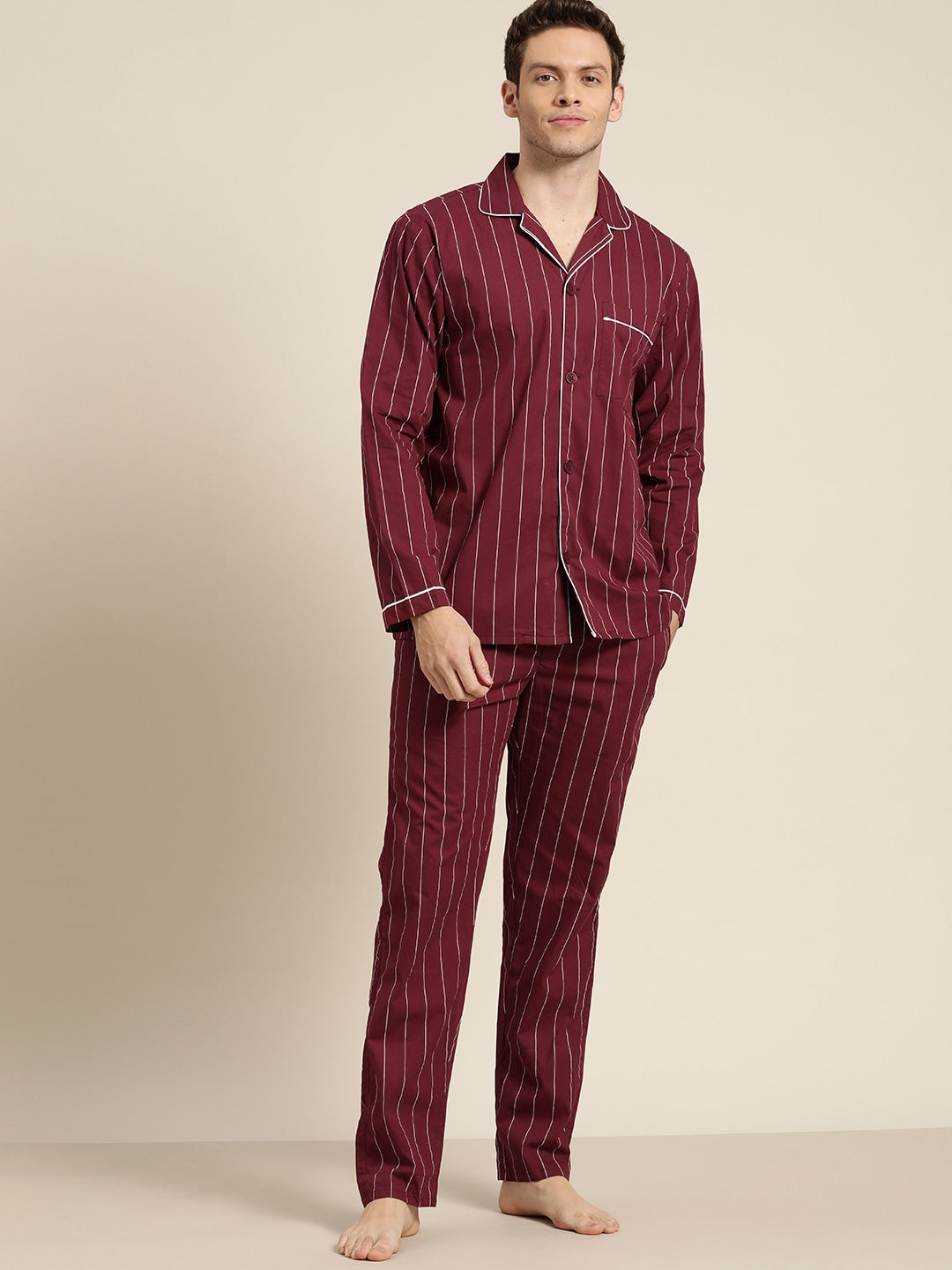 Men Maroon Stripes Pure Cotton Regular Fit Night Wear Night Suit