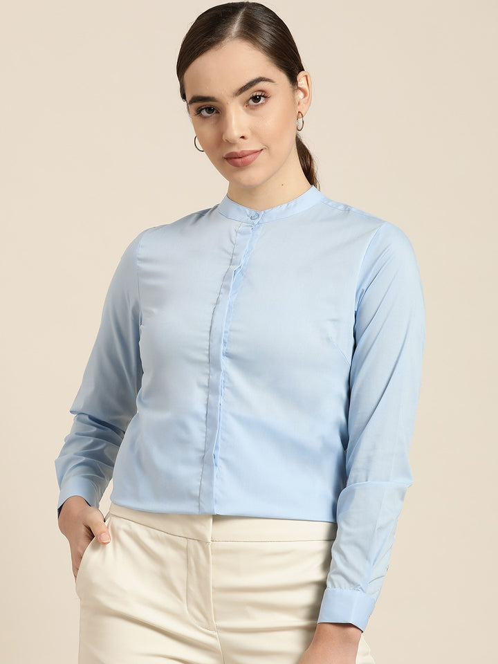 Women Sky Blue Solid Pure Cotton Slim Fit Formal Shirt