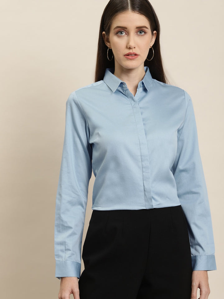 Women Blue Solid Pure Cotton Satin Slim Fit Formal Shirt