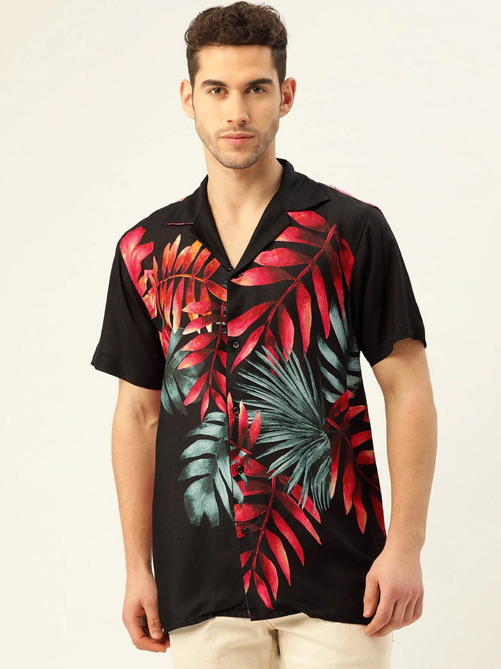 Men Black & Red Prints Viscose Rayon Relaxed Fit Casual Resort Shirt