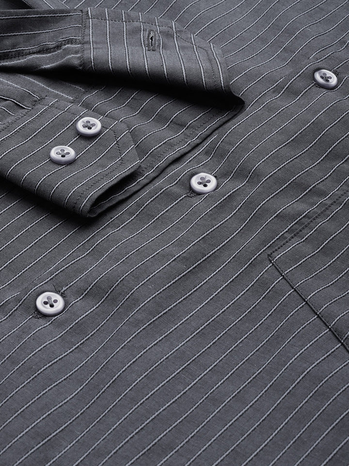 Men Grey Stripes Pure Cotton Slim Fit Formal Shirt