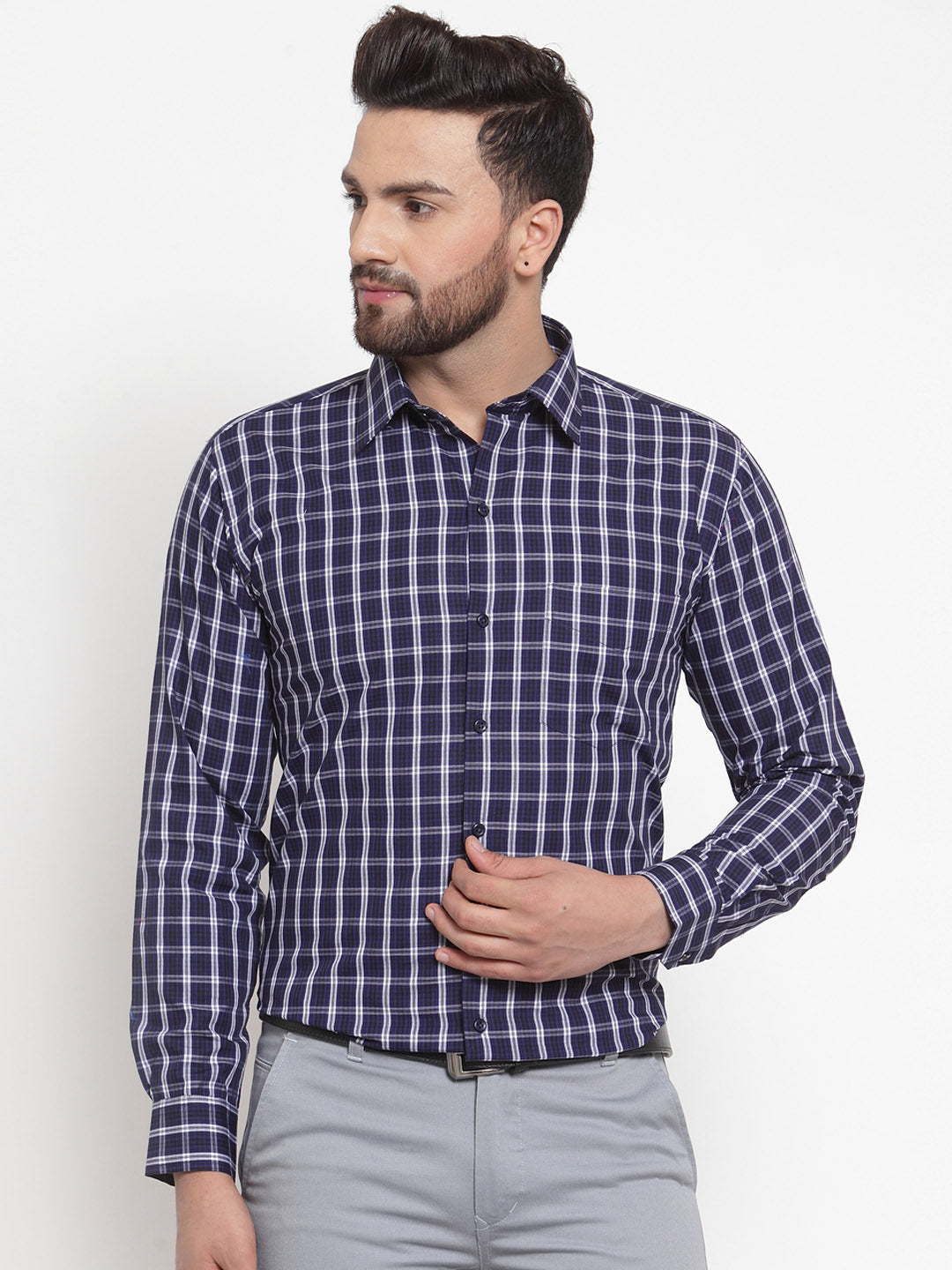 Men Navy Pure Cotton Checked Slim Fit Formal Shirt