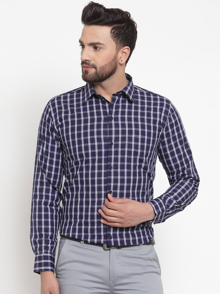 Men Navy Pure Cotton Checked Slim Fit Formal Shirt