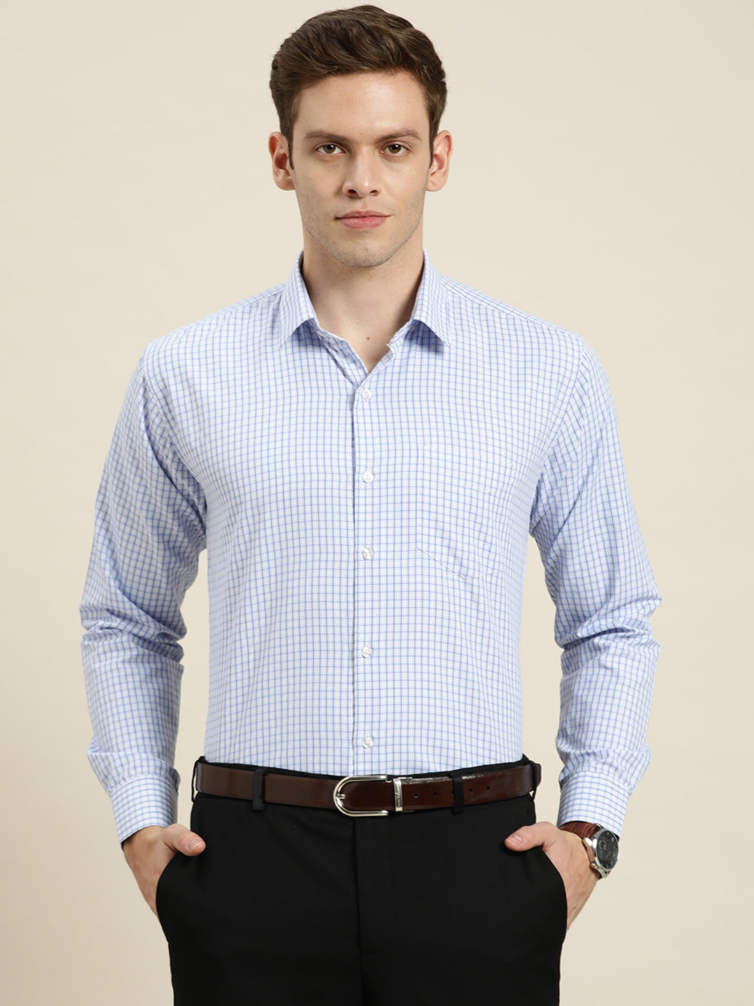 Men White-Blue Checks Cotton Rich Slim Fit Formal Shirt