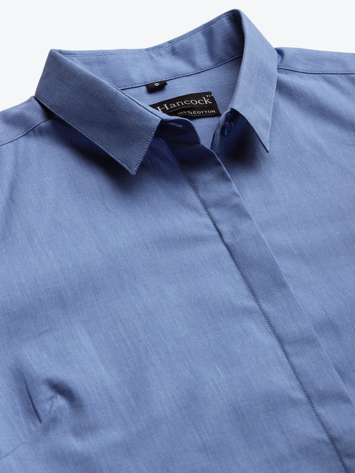 Women Blue Solids Pure Cotton Slim Fit Formal Shirt
