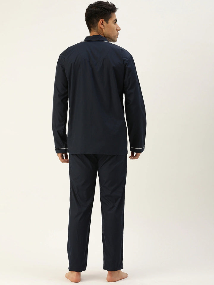Men Navy Solids Pure Cotton Regular Fit Night Wear Night Suit