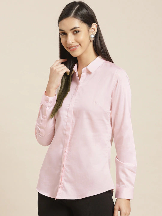Women Pink Solid Satin Pure Cotton Slim Fit Formal Shirt