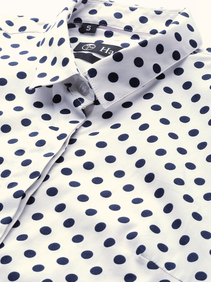 Women White & Navy Prints Pure Cotton Slim Fit Formal Shirt
