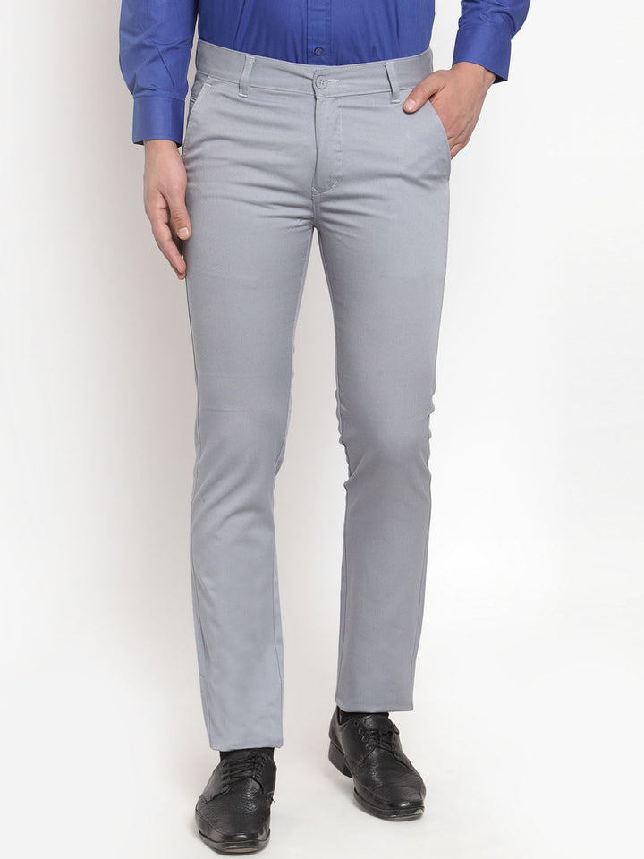 Men Grey Pure Cotton Solid Slim Fit Casual Trouser