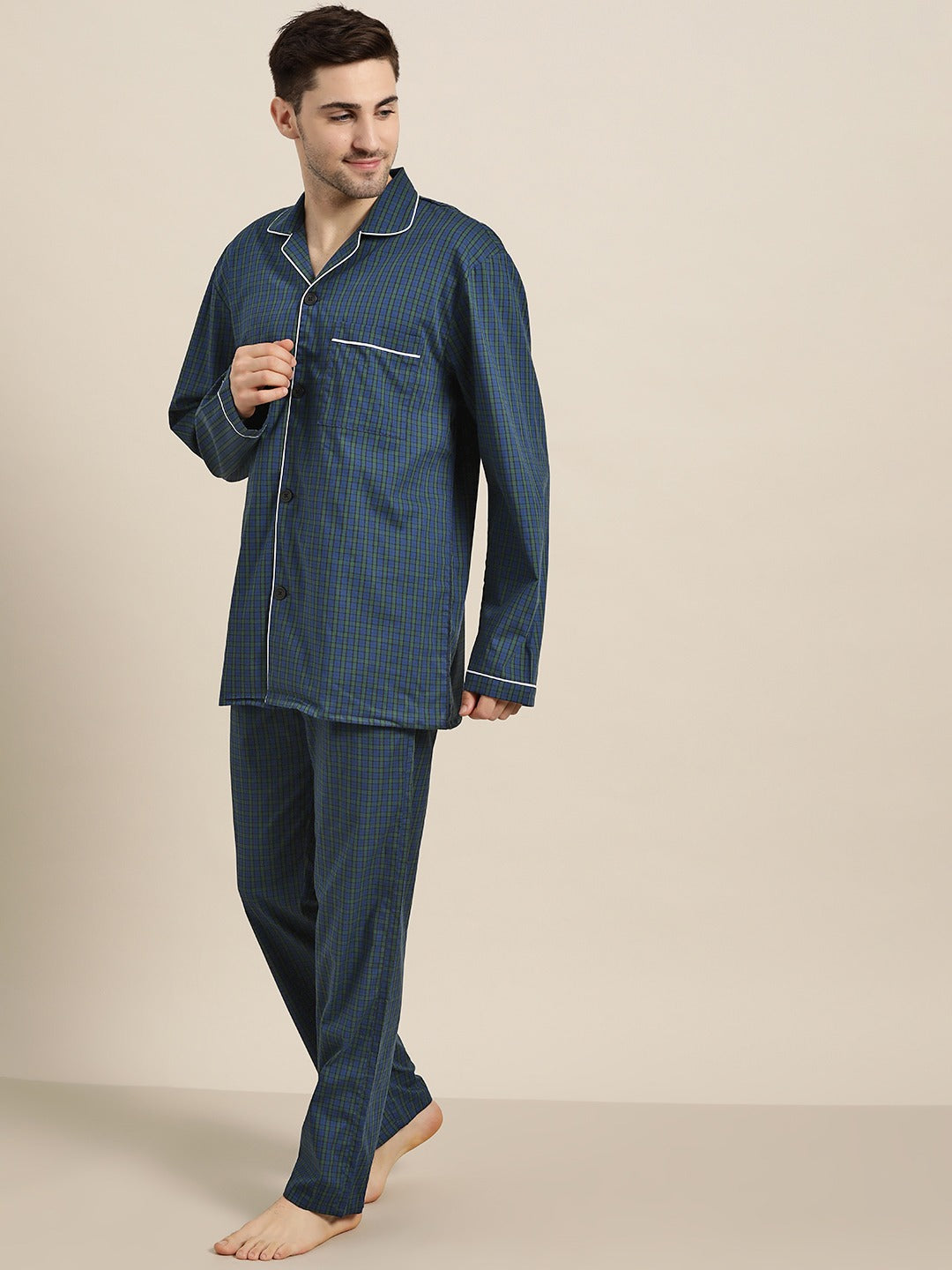 Men Navy-Green Checks Pure Cotton Regular Fit Night Wear Night Suit