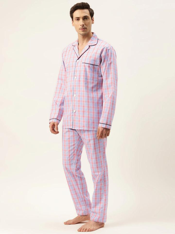 Men Sky Checks Pure Cotton Regular Fit Night Wear Night Suit