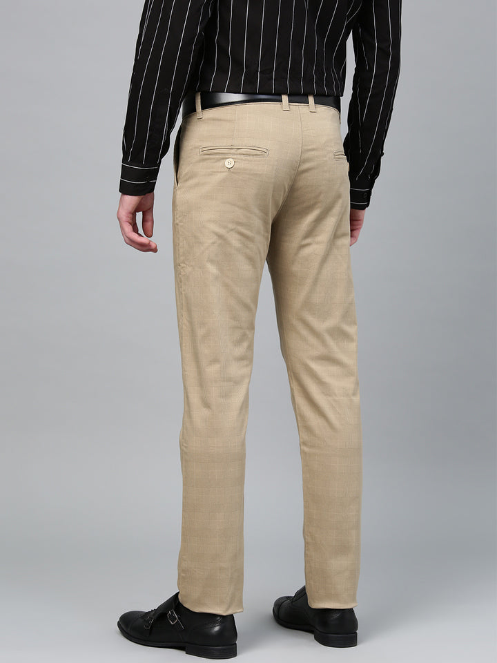 Men Beige Cotton Checked Slim Fit Casual Trouser