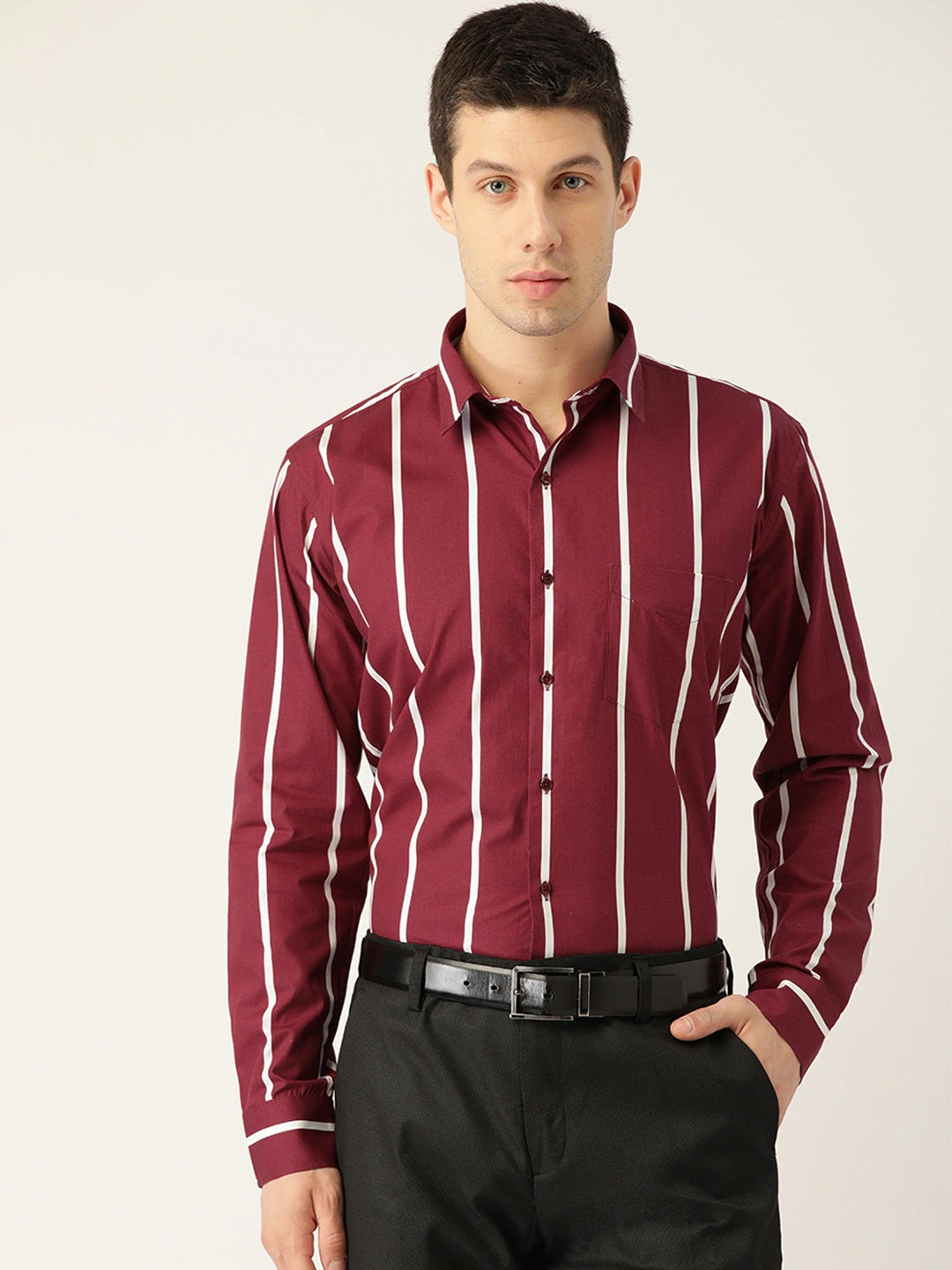 Men Maroon Stripes Pure Cotton Slim Fit Formal Shirt