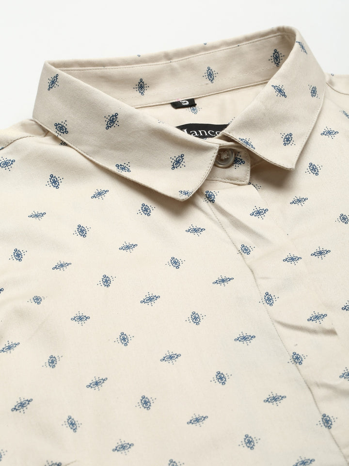 Women Beige Printed Cotton Slim Fit Formal Shirt