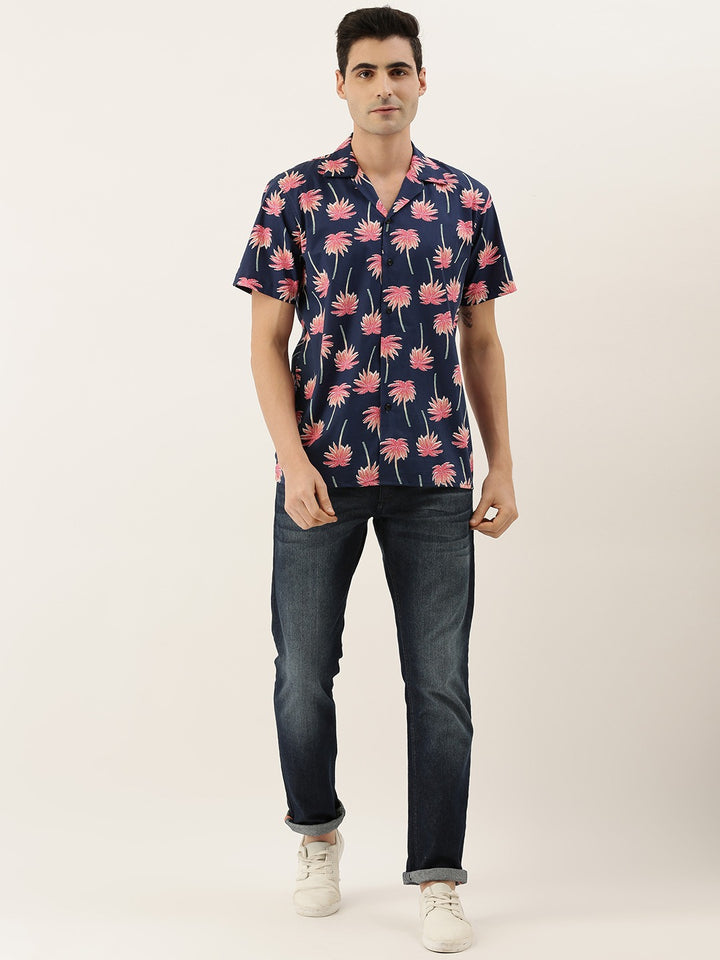 Men Navy & Coral Printed Pure Cotton Relaxed Fit Casual Resort Shirt