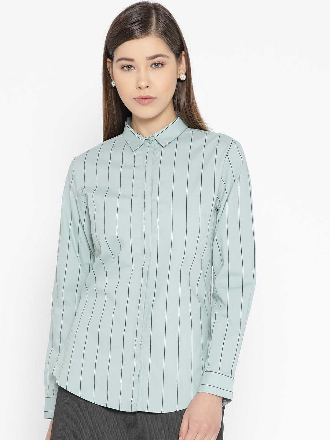 Women Green Pure Cotton Striped Slim Fit Formal Shirt