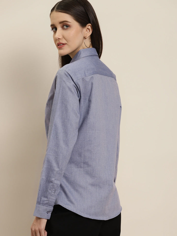 Women Navy Solid Chambray Cotton Rich Slim Fit Formal Shirt