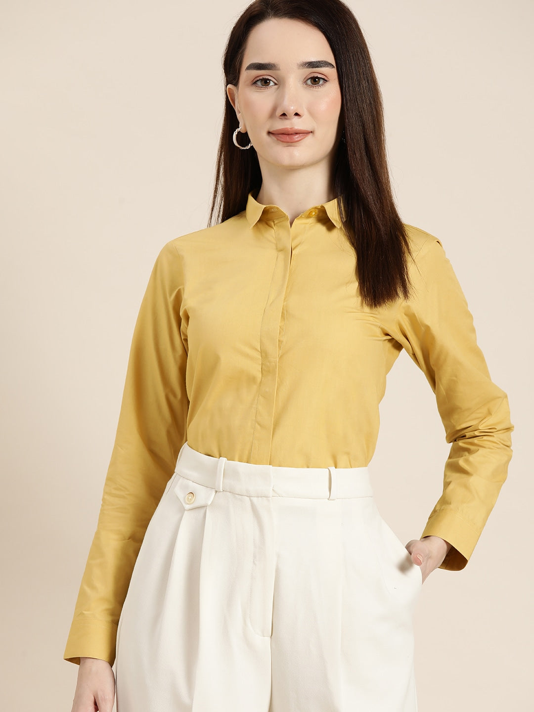 Women Mustard Solids Pure Cotton Slim Fit Formal Shirt
