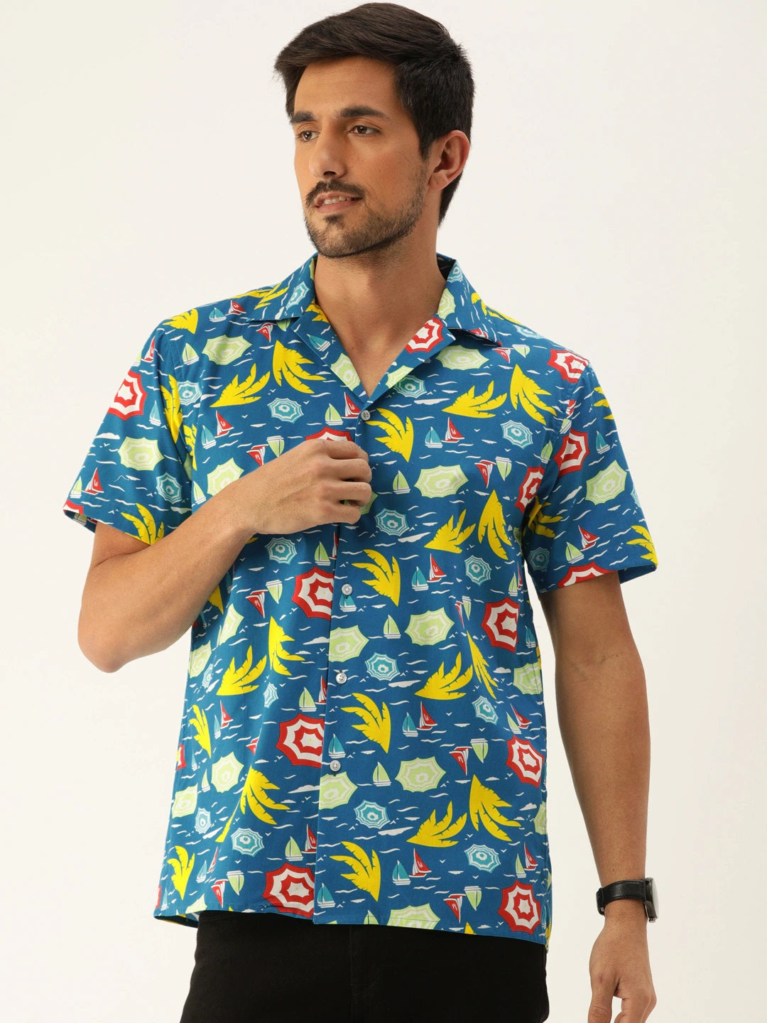 Men Blue Printed Pure Cotton Relaxed Fit Casual Resort Shirt