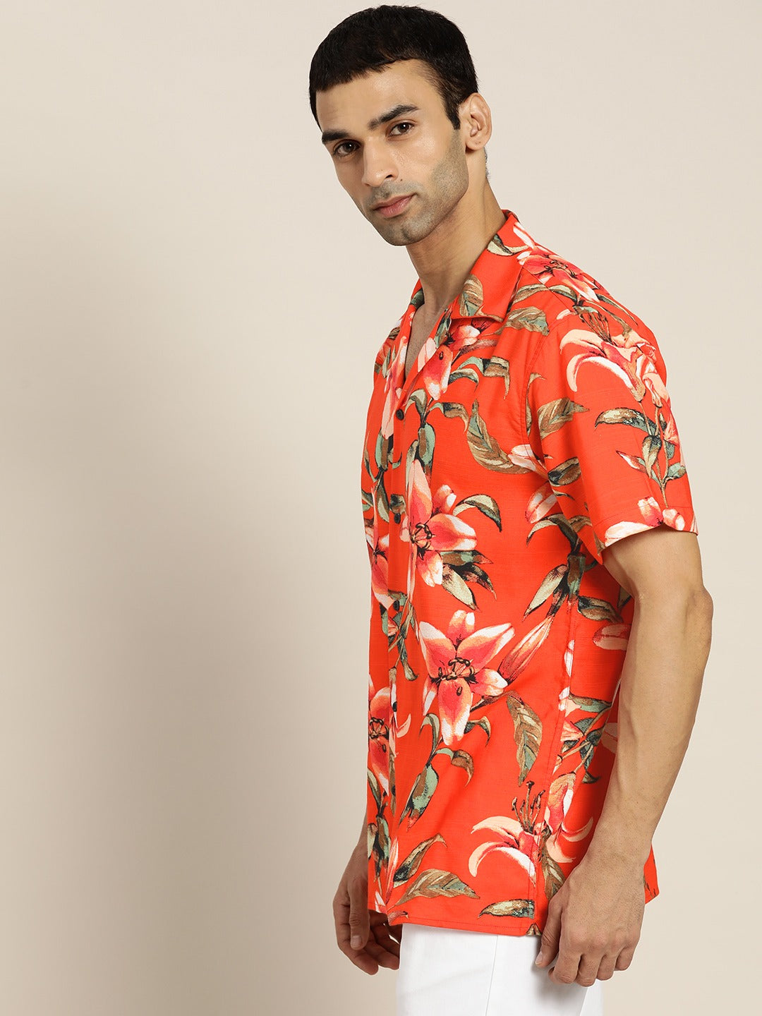 Men Orange Prints Viscose Rayon Relaxed Fit Casual Resort Shirt
