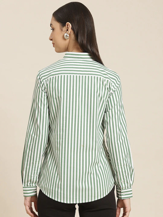 Women Green & White Striped Pure Cotton Slim Fit Formal Shirt