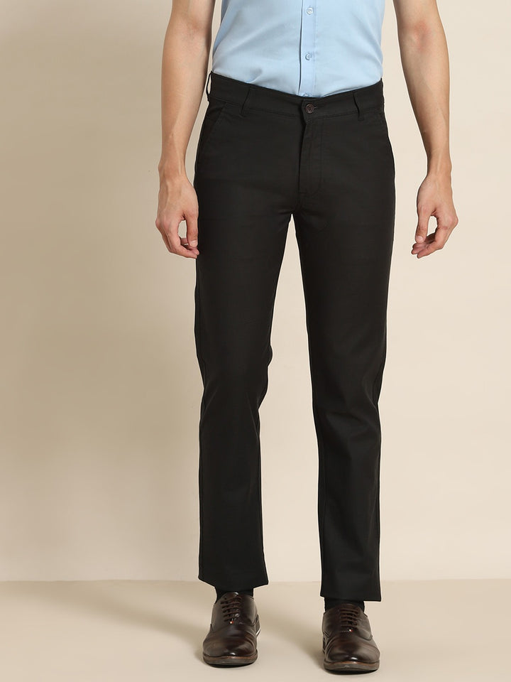Men Black Solids Cotton Elastene Slim Fit Formal Trouser