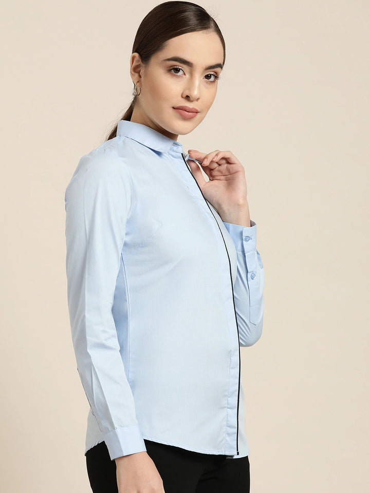 Women Sky Blue Solid Pure Cotton Slim Fit Formal Shirt