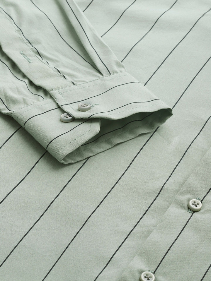 Men Green Stripes Pure Cotton Slim Fit Formal Shirt