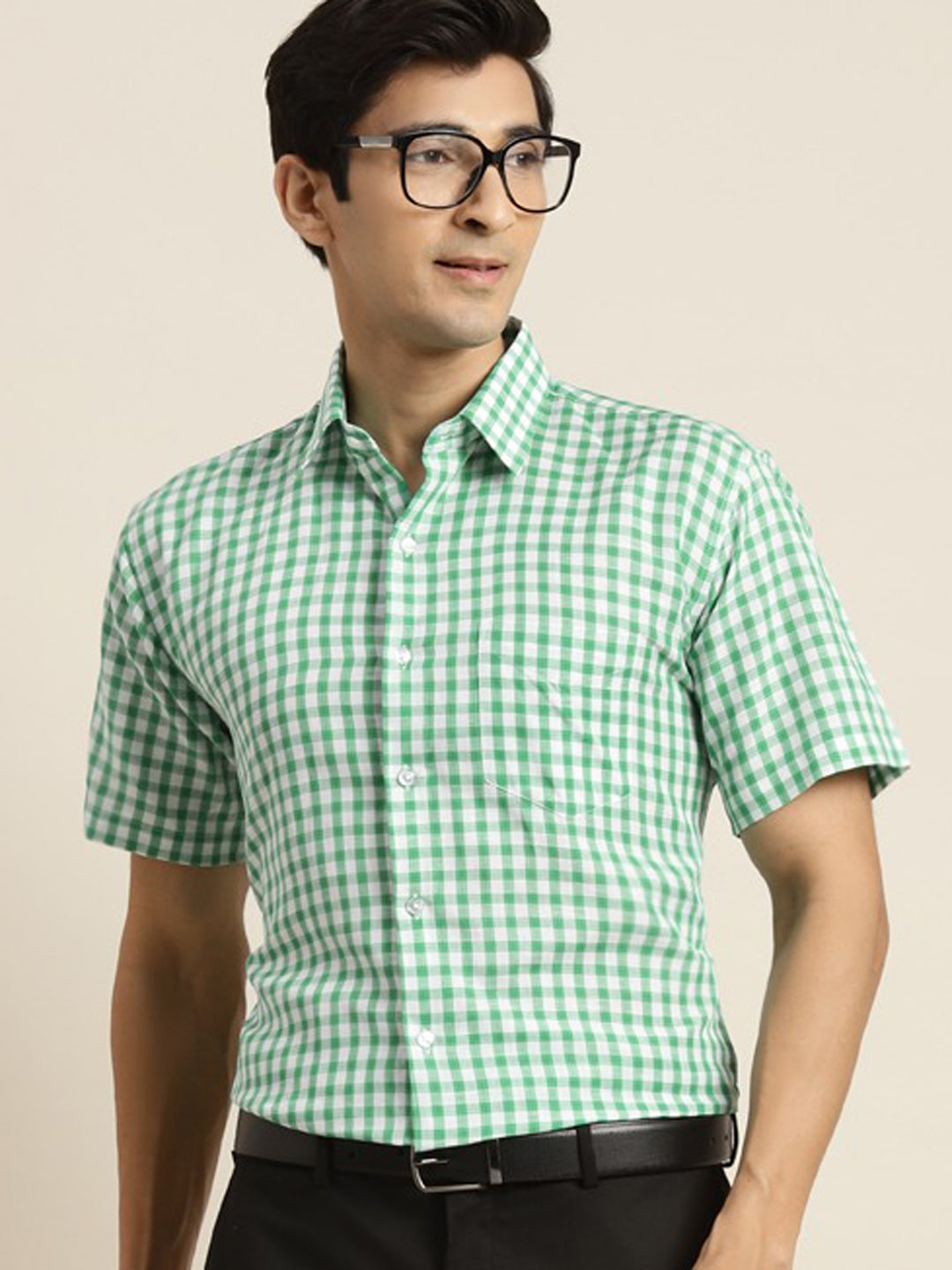 Men Green & White Checked Pure Cotton Short Sleeve Slim Fit Formal Shirt