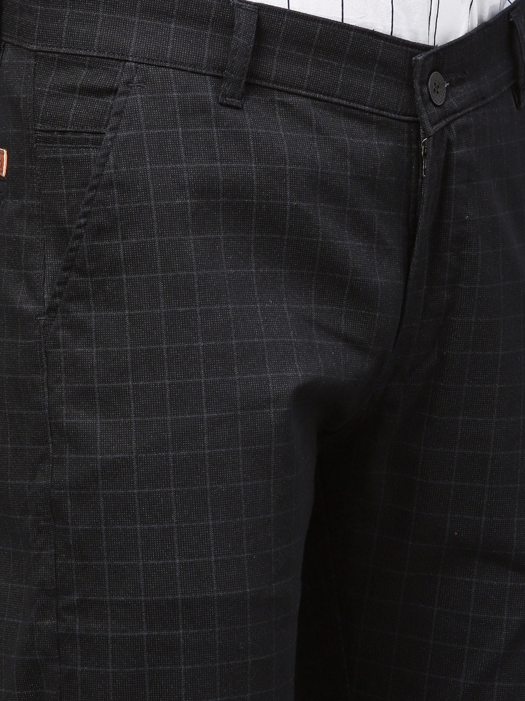 Men Black Cotton Checked Slim Fit Casual Trouser