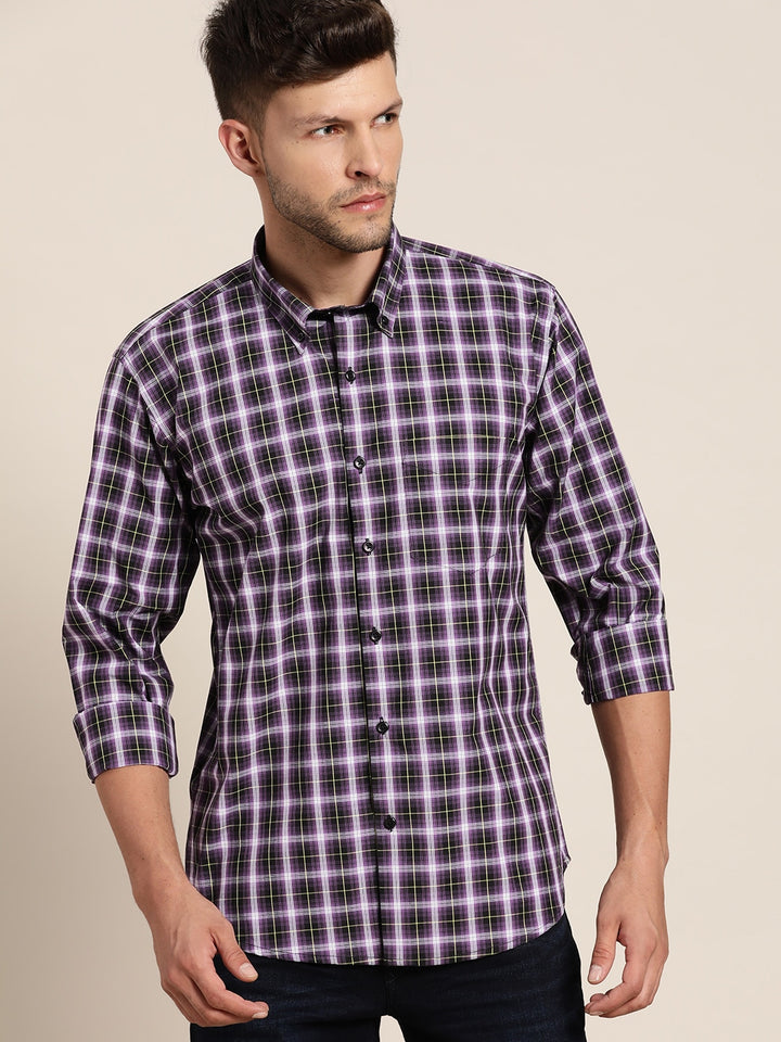 Men Mauve & Black Checked Pure Cotton Slim Fit Casual Shirt