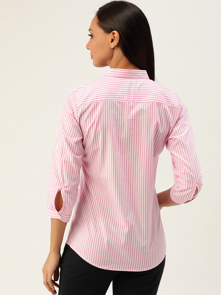 Women Pink & White Checks Pure Cotton Slim Fit Formal Shirt