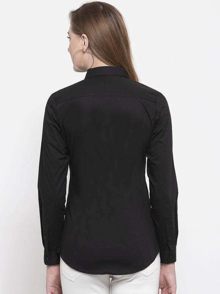 Women Black Cotton Solid Slim Fit Formal Shirt