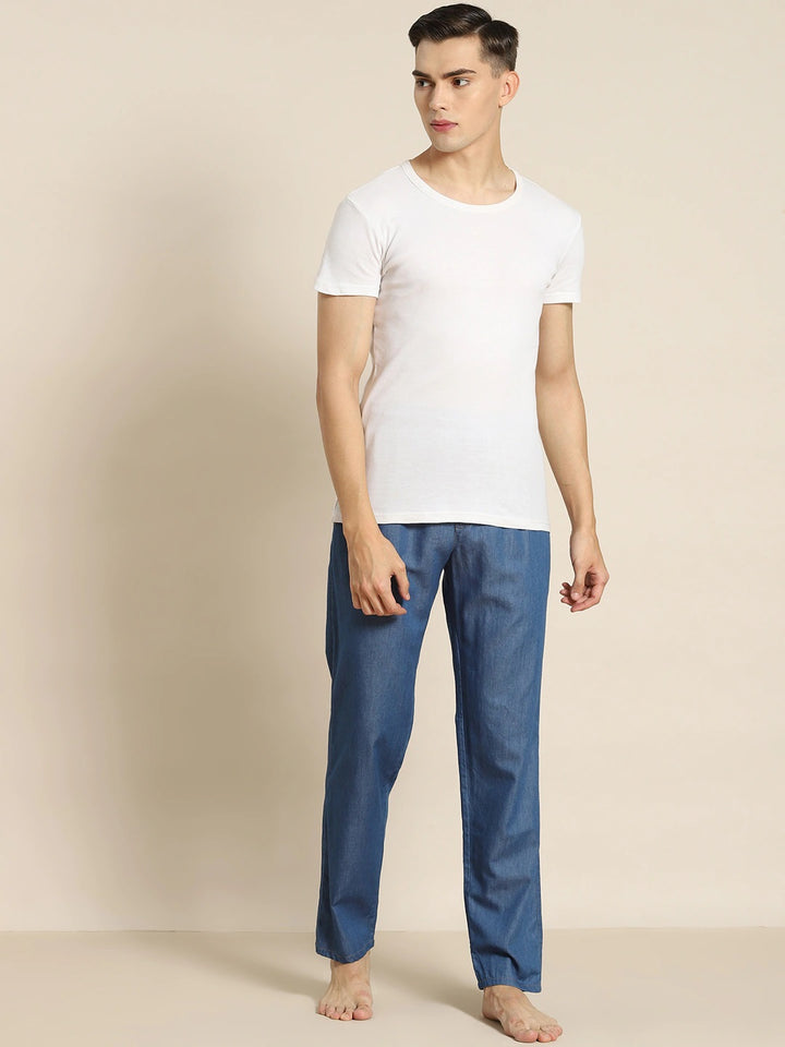 Men Blue Solid Denim Pure Cotton Relaxed Fit Casual Lounge Pant