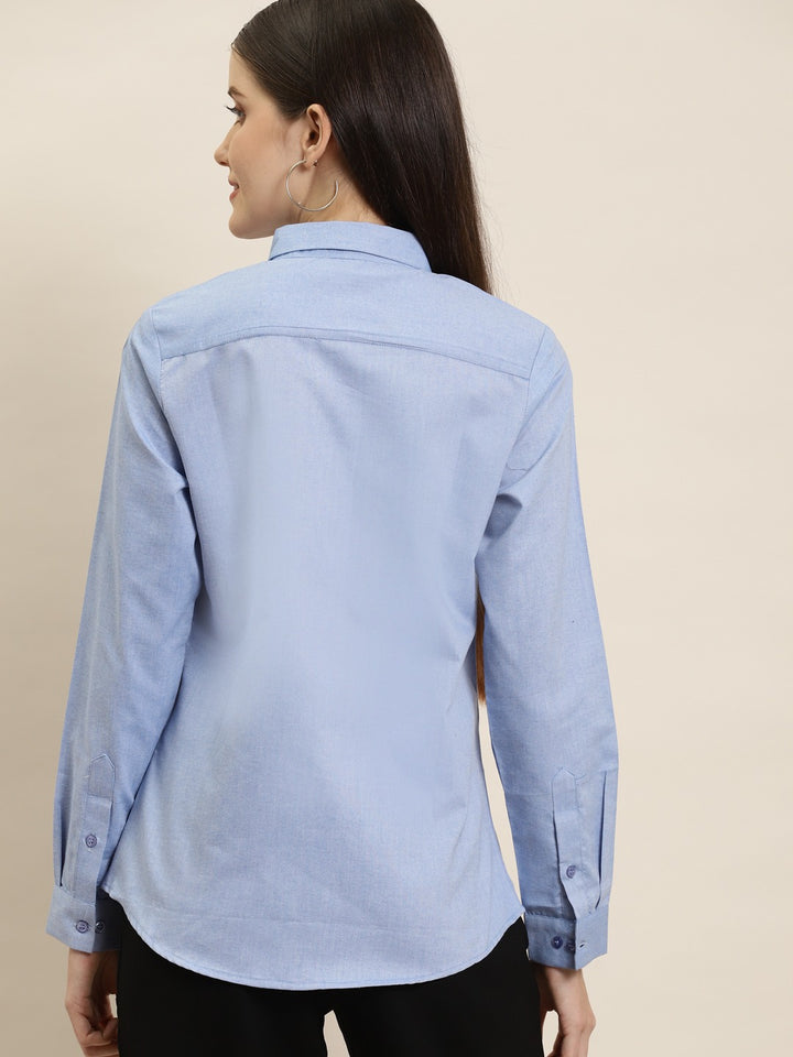 Women Sky Blue Solid Chambray Cotton Rich Slim Fit Formal Shirt