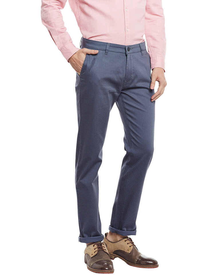 Men Grey Checked Cotton Stretch Slim Fit Casual Chinos Trouser