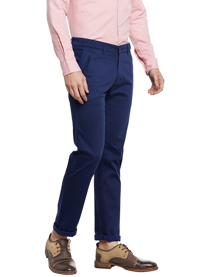 Men Navy Checked Cotton Stretch Slim Fit Casual Chinos Trouser