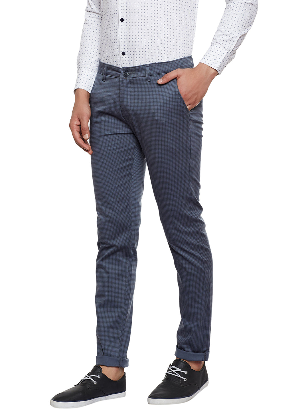 Men Grey Checked Slim Fit Casual Stretchable Chinos Trouser
