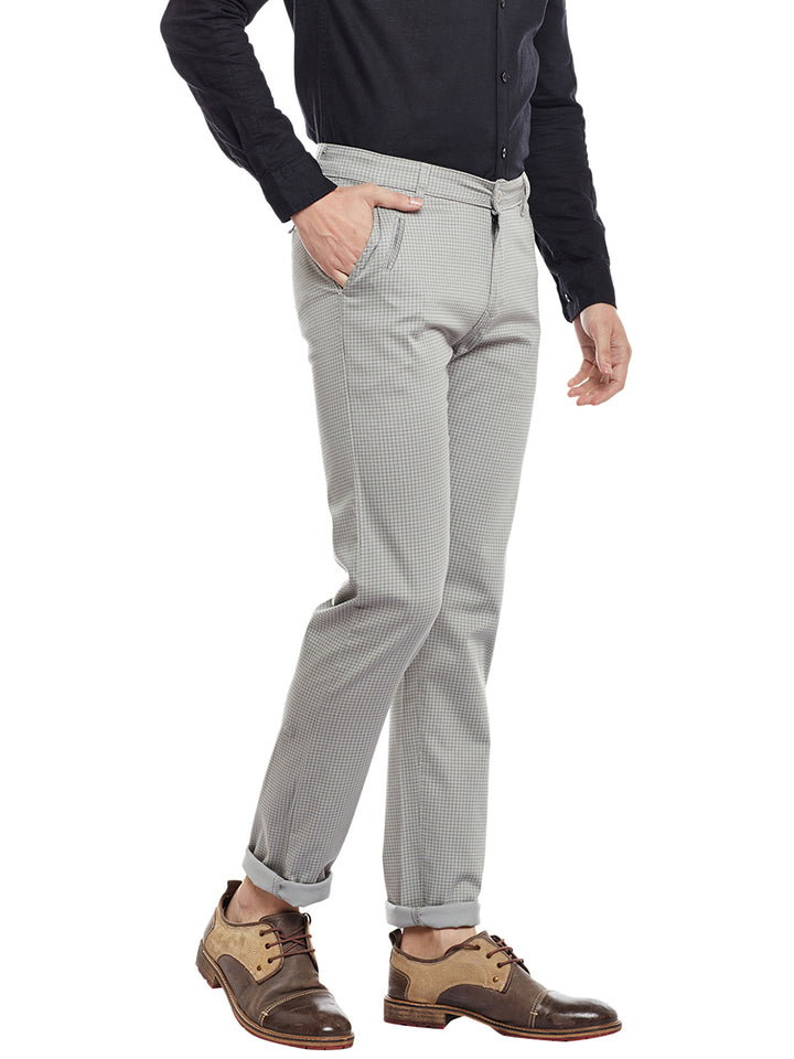 Men Cloud Grey Checked Cotton Stretch Slim Fit Casual Chinos Trouser