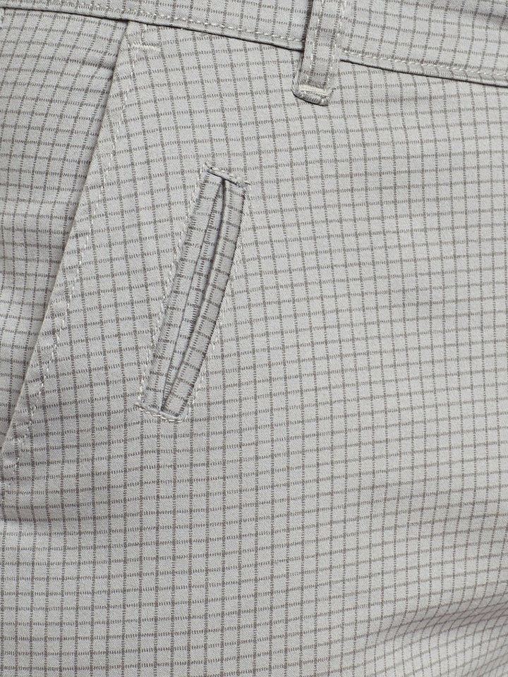 Men Cloud Grey Checked Cotton Stretch Slim Fit Casual Chinos Trouser