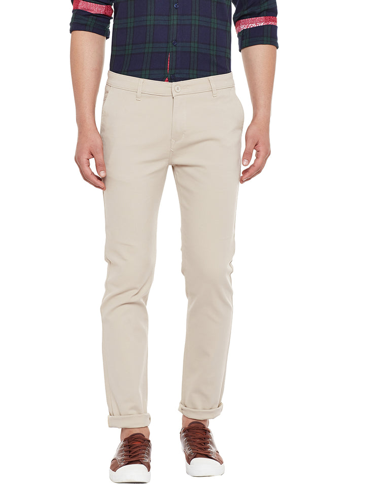 Men Beige Solid Slim Fit Casual Stretchable Chinos Trouser