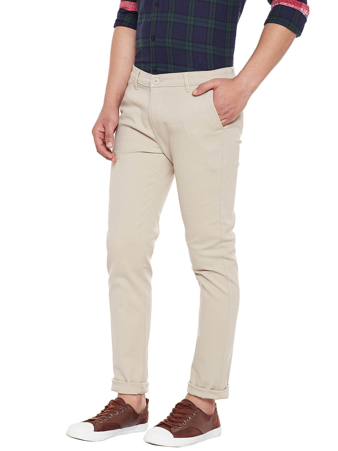 Men Beige Solid Slim Fit Casual Stretchable Chinos Trouser
