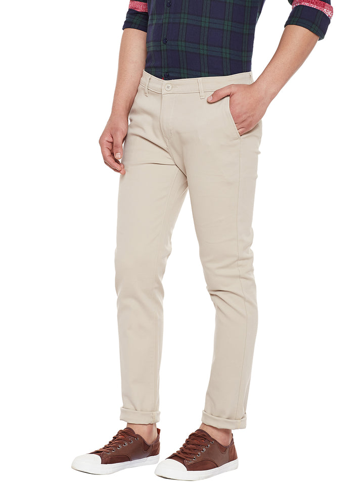 Men Beige Solid Slim Fit Casual Stretchable Chinos Trouser
