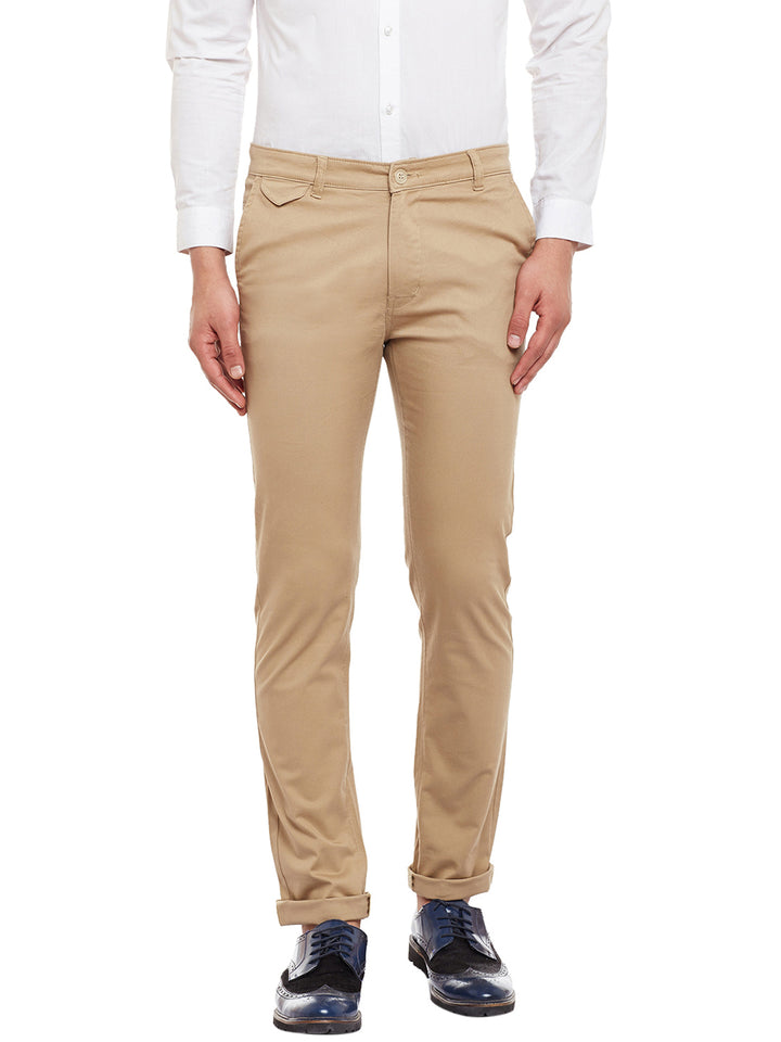 Men Beige Solid  Cotton Stretch Slim Fit Casual Chinos Trouser