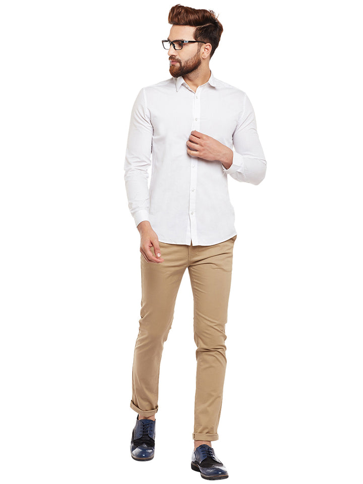 Men Beige Solid  Cotton Stretch Slim Fit Casual Chinos Trouser
